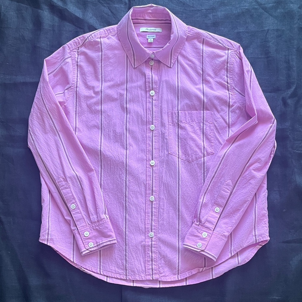 Madewell Signature Poplin Oversized Boyshirt in Stripe Pink Striped Shirt - Picture 2 of 10